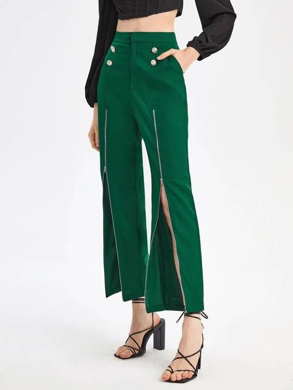 CM-BS782268 Women Elegant Seoul Style Button Detail Split Thigh Pants - Dark Green