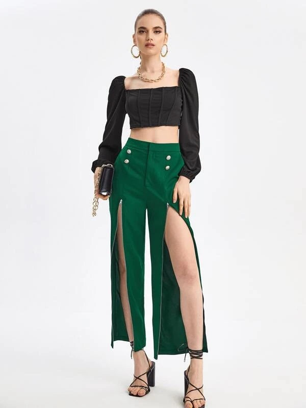CM-BS782268 Women Elegant Seoul Style Button Detail Split Thigh Pants - Dark Green