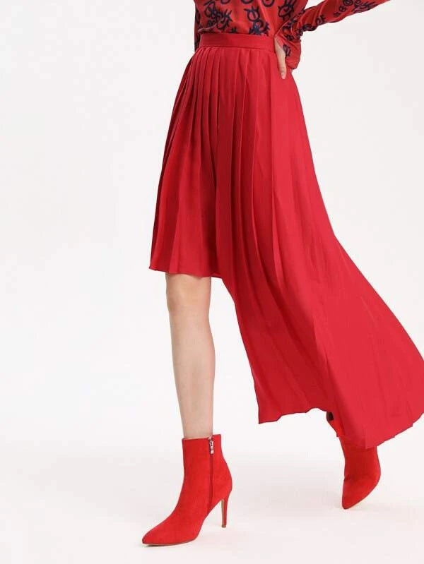 CM-BS948465 Women Elegant Seoul Style Asymmetrical Hem Pleated Skirt - Red