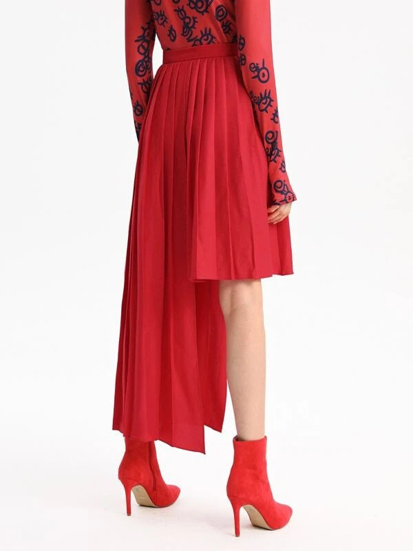 CM-BS948465 Women Elegant Seoul Style Asymmetrical Hem Pleated Skirt - Red