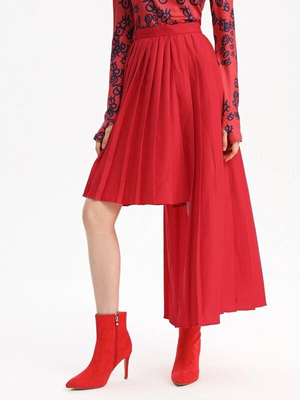 CM-BS948465 Women Elegant Seoul Style Asymmetrical Hem Pleated Skirt - Red