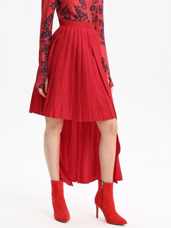 CM-BS948465 Women Elegant Seoul Style Asymmetrical Hem Pleated Skirt - Red