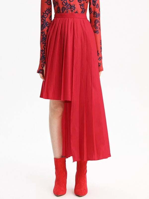 CM-BS948465 Women Elegant Seoul Style Asymmetrical Hem Pleated Skirt - Red