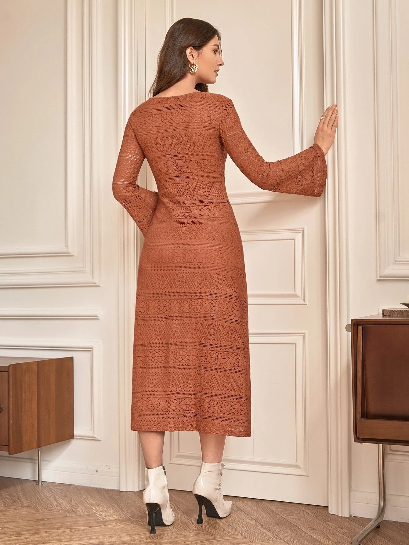 CM-DS753578 Women Casual European Style Flounce Sleeve Ruffle Hem Dress - Rust Brown