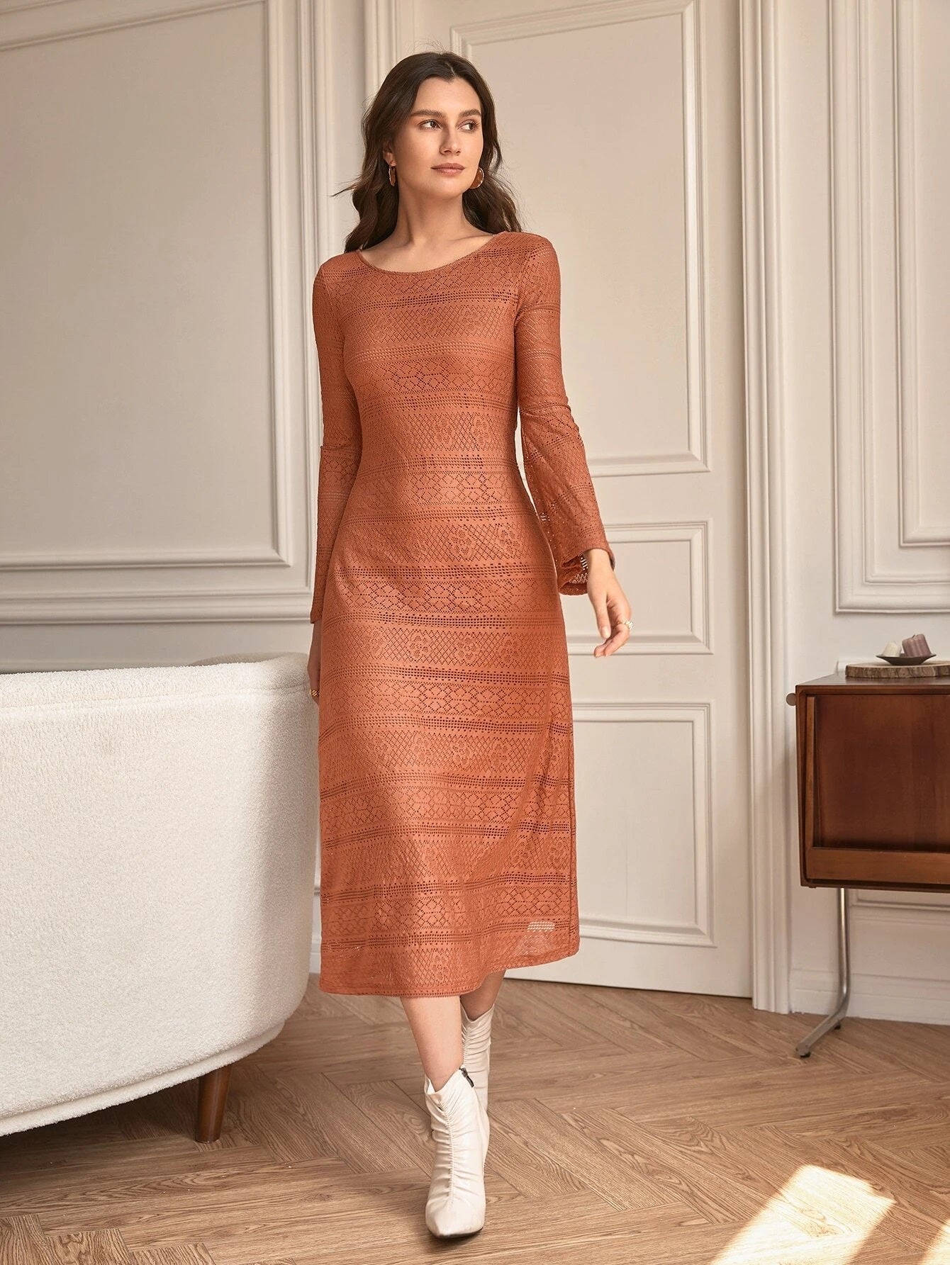 CM-DS753578 Women Casual European Style Flounce Sleeve Ruffle Hem Dress - Rust Brown