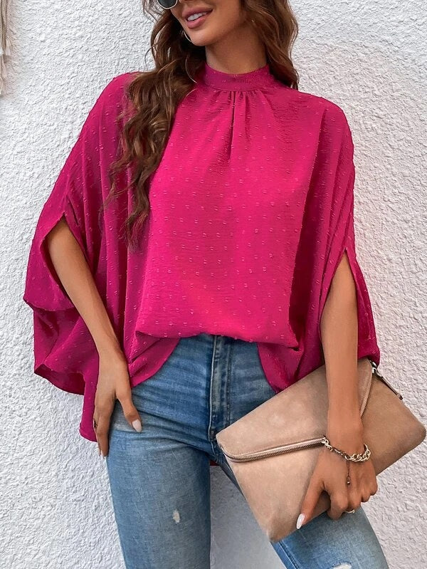CM-TS427945 Women Casual Seoul Style Swiss Dot Tie Back Batwing Sleeve Blouse - Hot Pink