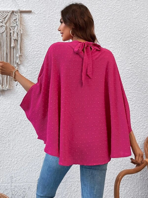 CM-TS427945 Women Casual Seoul Style Swiss Dot Tie Back Batwing Sleeve Blouse - Hot Pink