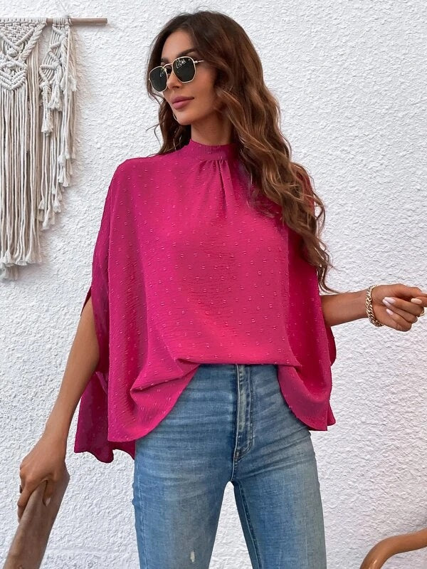 CM-TS427945 Women Casual Seoul Style Swiss Dot Tie Back Batwing Sleeve Blouse - Hot Pink