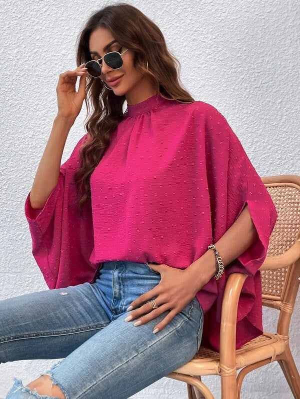 CM-TS427945 Women Casual Seoul Style Swiss Dot Tie Back Batwing Sleeve Blouse - Hot Pink