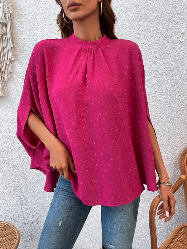 CM-TS427945 Women Casual Seoul Style Swiss Dot Tie Back Batwing Sleeve Blouse - Hot Pink