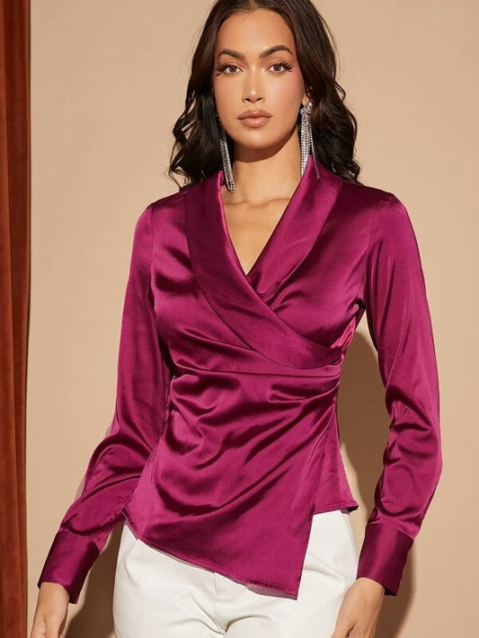 CM-TS230140 Women Elegant Seoul Style Long Sleeve Shawl Collar Wrap Satin Blouse