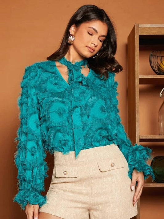 CM-TS734845 Women Elegant Seoul Style Tie Neck Fringe Overlay Blouse