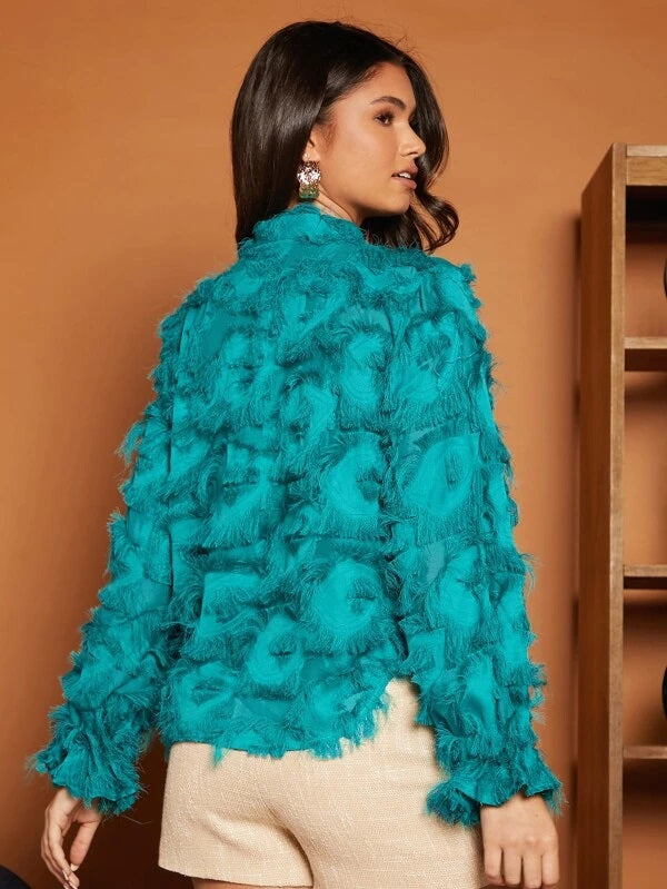 CM-TS734845 Women Elegant Seoul Style Tie Neck Fringe Overlay Blouse