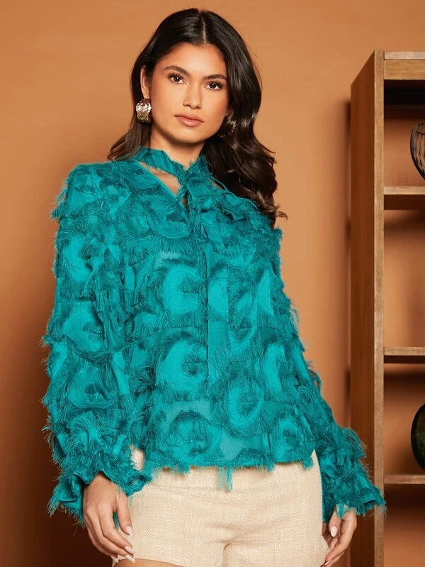 CM-TS734845 Women Elegant Seoul Style Tie Neck Fringe Overlay Blouse