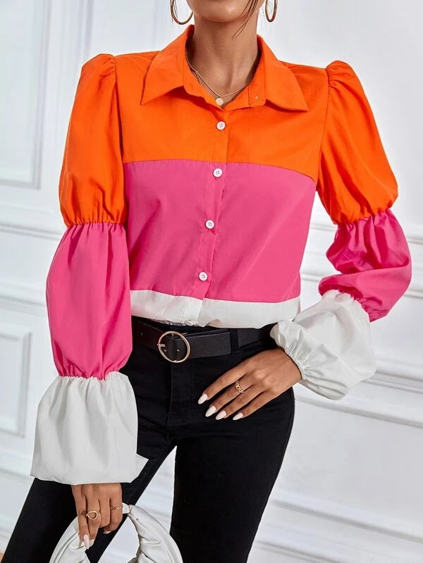 CM-TS849849 Women Casual Seoul Style Color Block Flounce Sleeve Shirt