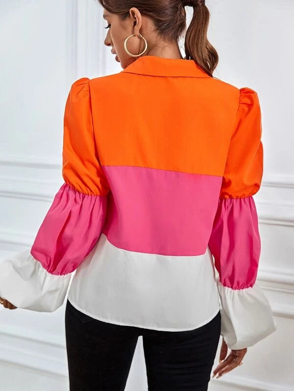 CM-TS849849 Women Casual Seoul Style Color Block Flounce Sleeve Shirt