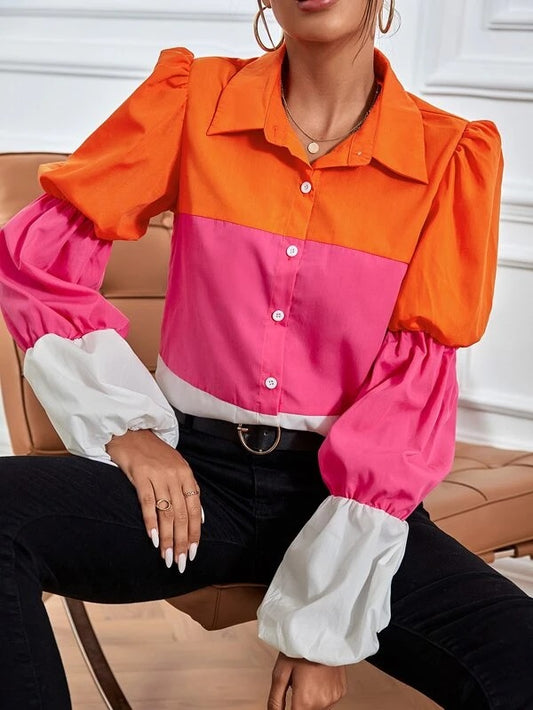 CM-TS849849 Women Casual Seoul Style Color Block Flounce Sleeve Shirt