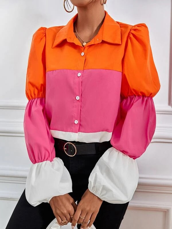 CM-TS849849 Women Casual Seoul Style Color Block Flounce Sleeve Shirt