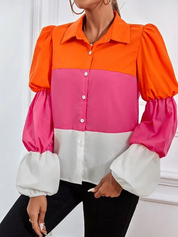 CM-TS849849 Women Casual Seoul Style Color Block Flounce Sleeve Shirt