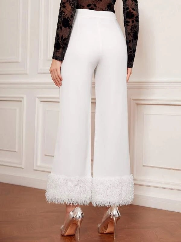 CM-BS595925 Women Elegant Seoul Style High Waist Fuzzy Hem Pants - White