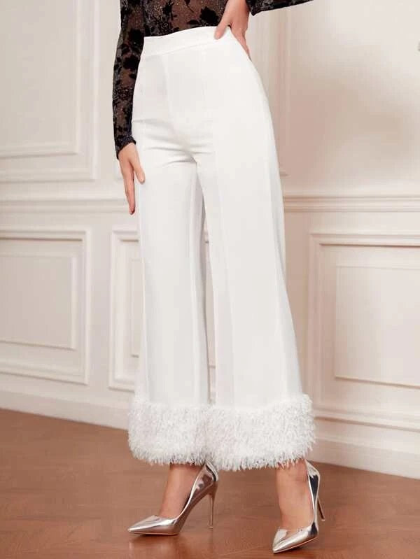 CM-BS595925 Women Elegant Seoul Style High Waist Fuzzy Hem Pants - White