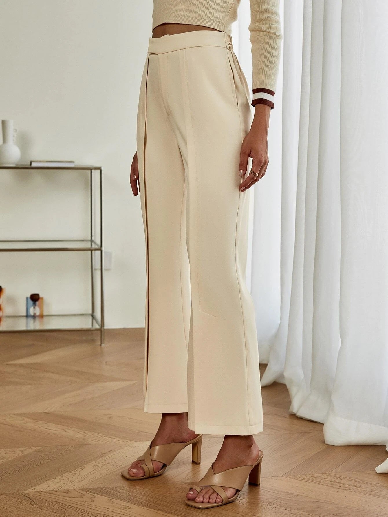 CM-BS136104 Women Casual Seoul Style High Waist Split Hem Flare Leg Pants - Apricot