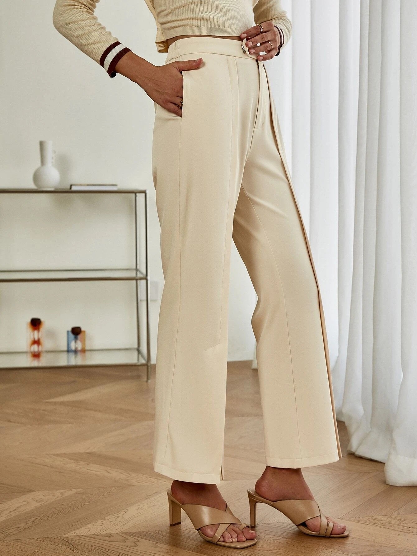 CM-BS136104 Women Casual Seoul Style High Waist Split Hem Flare Leg Pants - Apricot