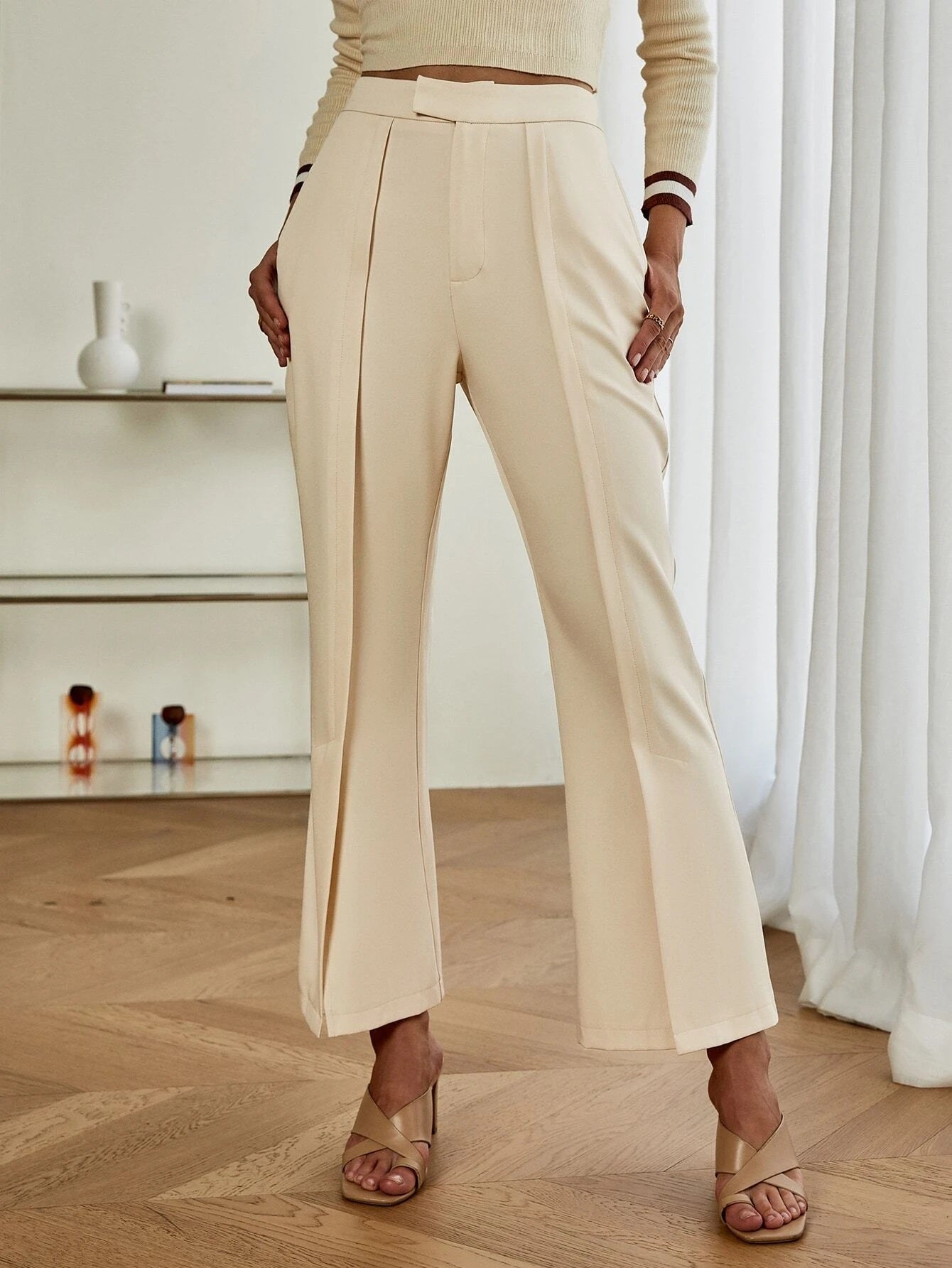 CM-BS136104 Women Casual Seoul Style High Waist Split Hem Flare Leg Pants - Apricot