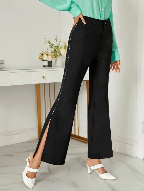 CM-BS640140 Women Elegant Seoul Style High Waist Split Hem Flare Leg Pants - Black