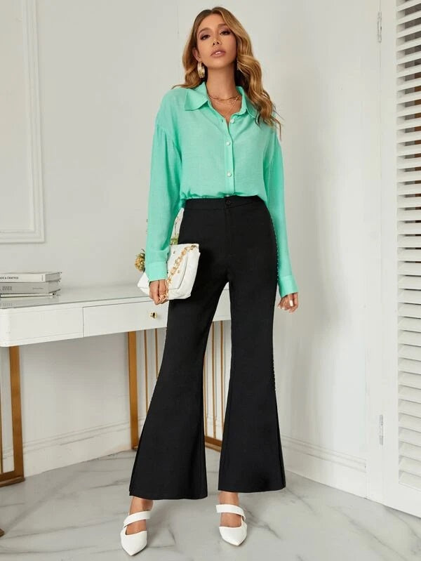 CM-BS640140 Women Elegant Seoul Style High Waist Split Hem Flare Leg Pants - Black