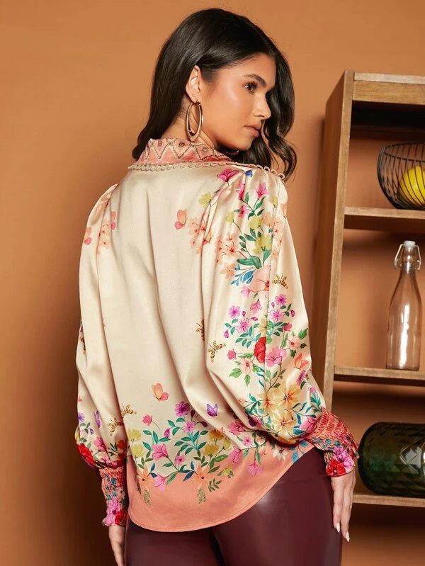 CM-TS451348 Women Elegant Seoul Style Floral Print Lantern Sleeve Satin Shirt
