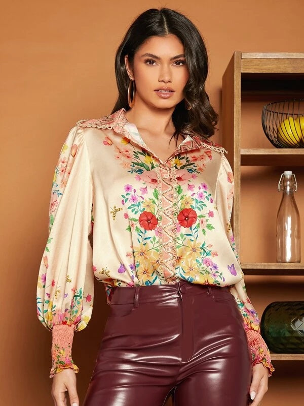 CM-TS451348 Women Elegant Seoul Style Floral Print Lantern Sleeve Satin Shirt