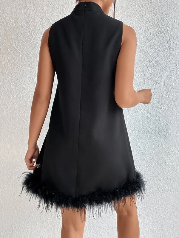 CM-DS201714 Women Elegant Seoul Style Sleeveless Stand Neck Fuzzy Trim Dress - Black
