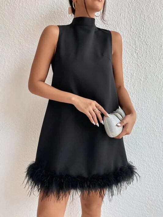 CM-DS201714 Women Elegant Seoul Style Sleeveless Stand Neck Fuzzy Trim Dress - Black