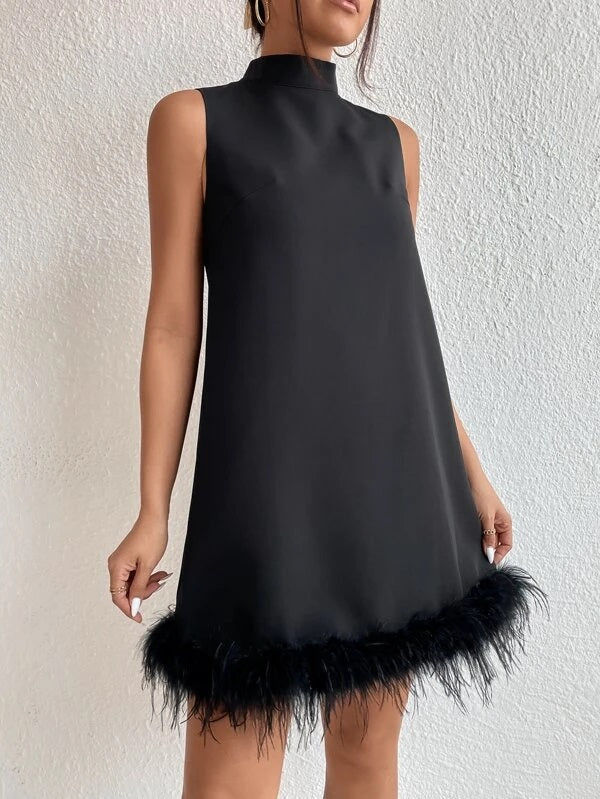 CM-DS201714 Women Elegant Seoul Style Sleeveless Stand Neck Fuzzy Trim Dress - Black