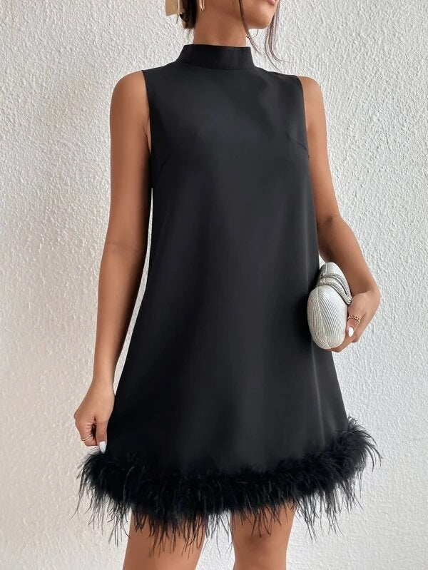 CM-DS201714 Women Elegant Seoul Style Sleeveless Stand Neck Fuzzy Trim Dress - Black