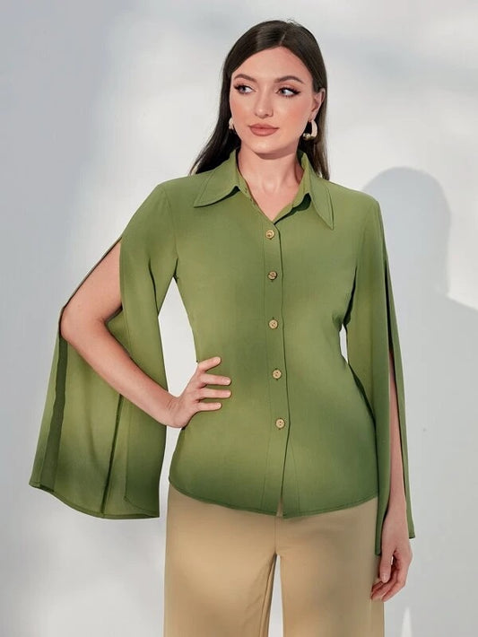 CM-TS033131 Women Elegant Seoul Style Split Sleeve Button Front Shirt - Army Green