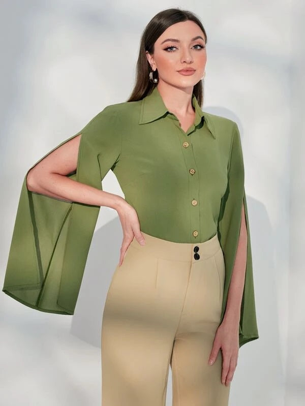 CM-TS033131 Women Elegant Seoul Style Split Sleeve Button Front Shirt - Army Green