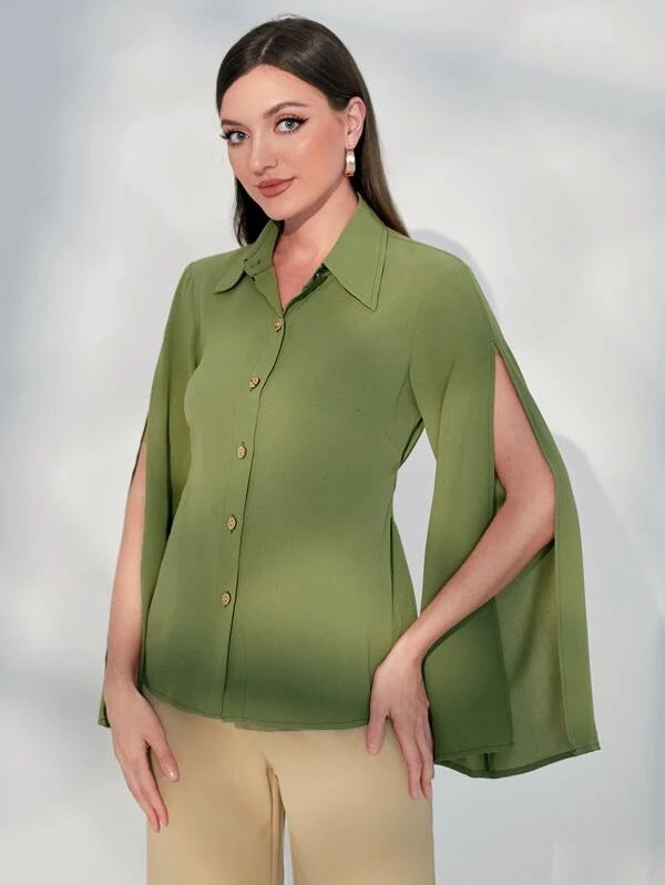 CM-TS033131 Women Elegant Seoul Style Split Sleeve Button Front Shirt - Army Green
