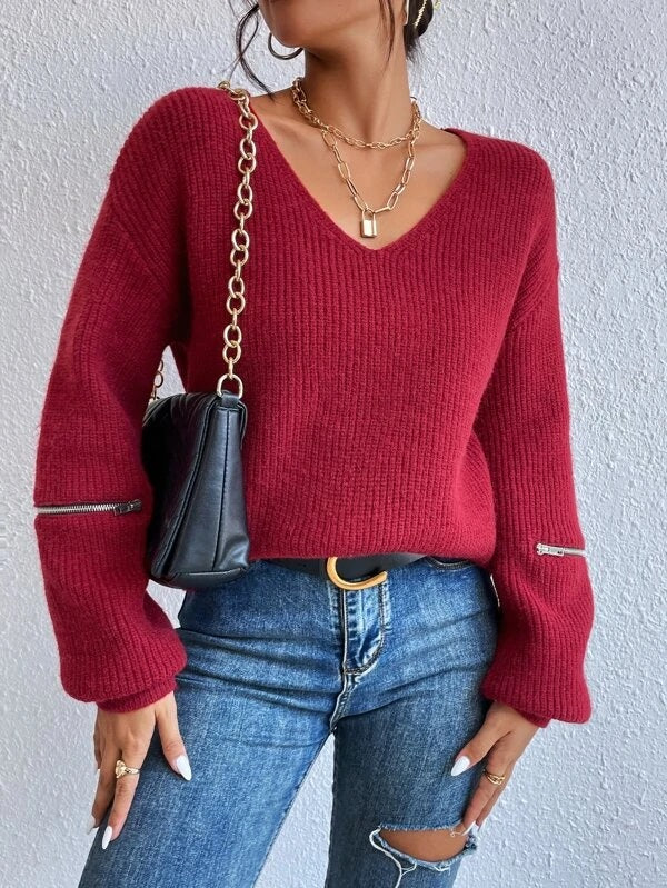 CM-CS797636 Women Elegant Seoul Style Zip Detail Drop Shoulder Sweater - Burgundy