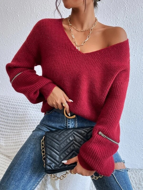 CM-CS797636 Women Elegant Seoul Style Zip Detail Drop Shoulder Sweater - Burgundy