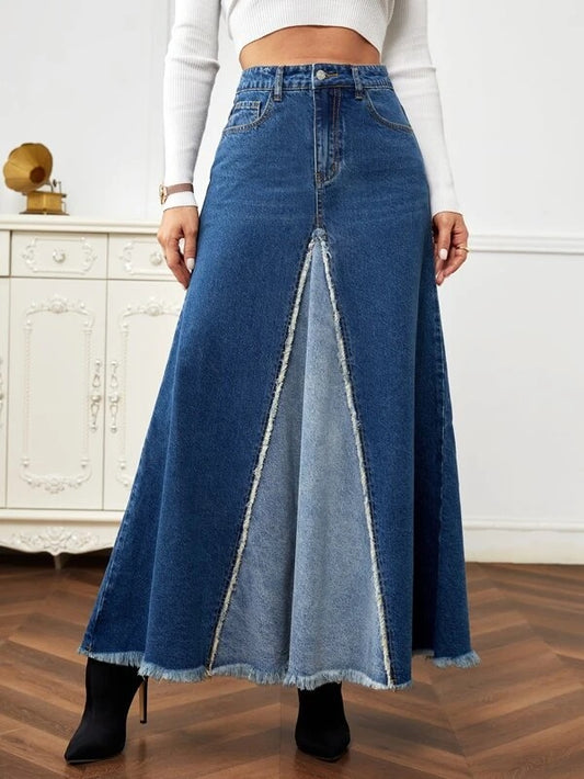 CM-BS570283 Women Preppy Seoul Style High Waist Raw Hem Denim Skirt