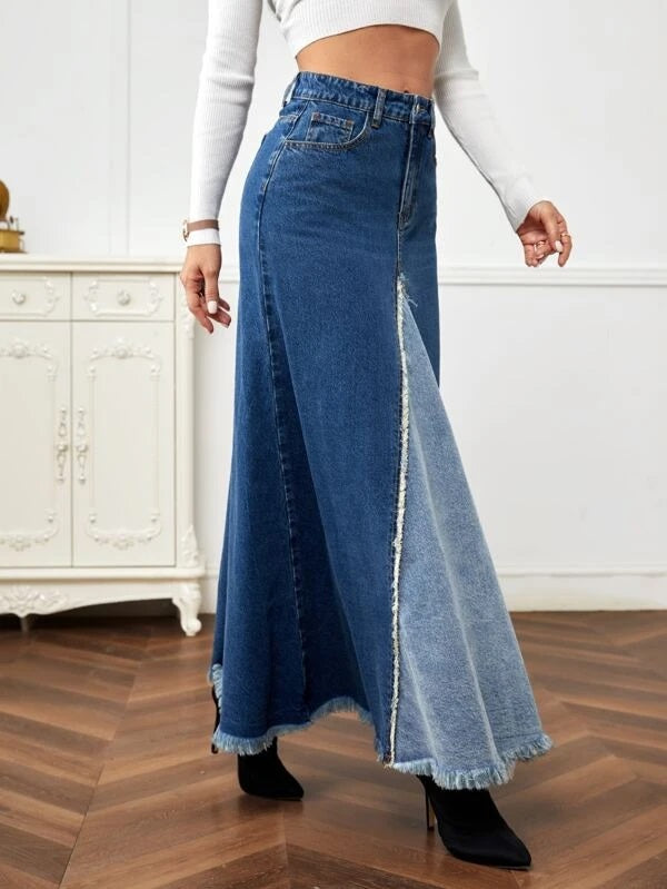 CM-BS570283 Women Preppy Seoul Style High Waist Raw Hem Denim Skirt
