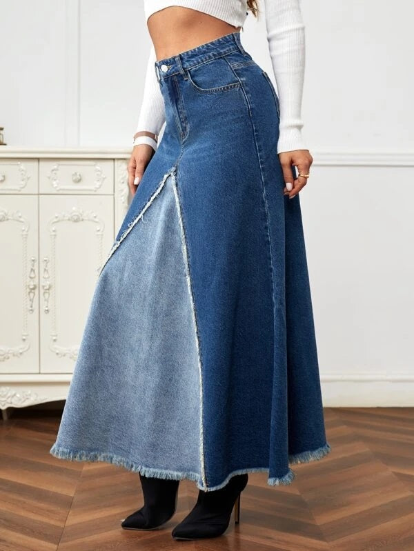 CM-BS570283 Women Preppy Seoul Style High Waist Raw Hem Denim Skirt