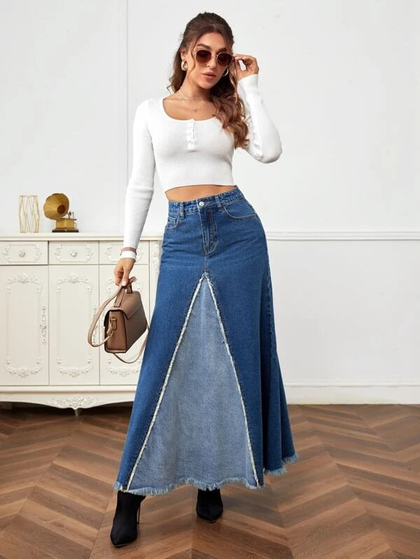 CM-BS570283 Women Preppy Seoul Style High Waist Raw Hem Denim Skirt