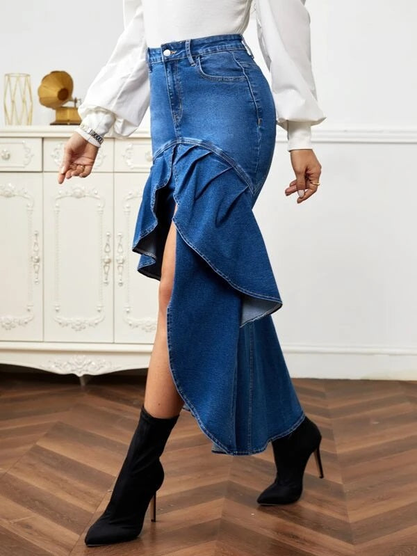 CM-BS331377 Women Preppy Seoul Style High Waist Ruffle Trim Denim Skirt