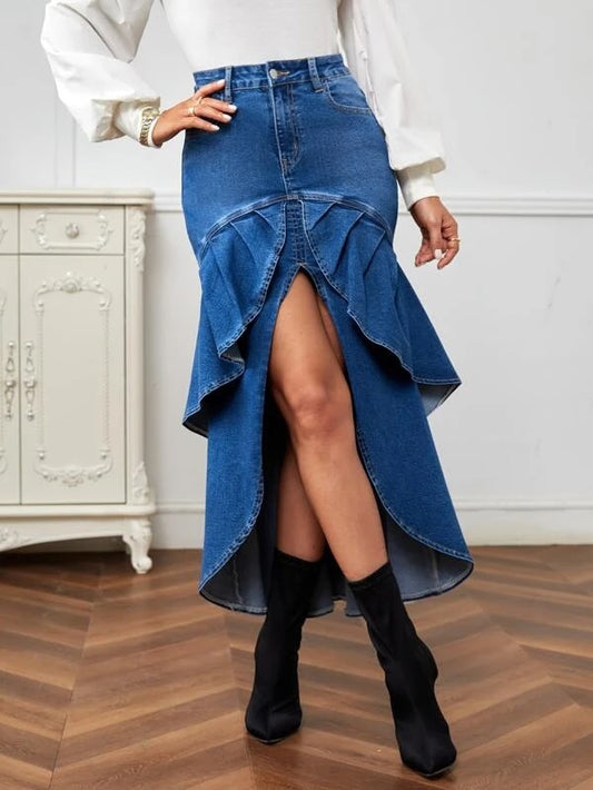 CM-BS331377 Women Preppy Seoul Style High Waist Ruffle Trim Denim Skirt