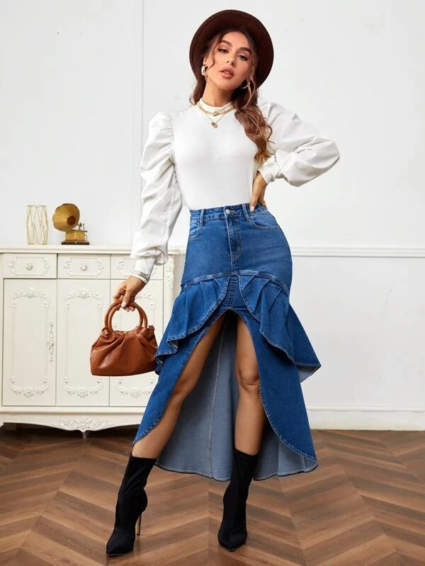 CM-BS331377 Women Preppy Seoul Style High Waist Ruffle Trim Denim Skirt