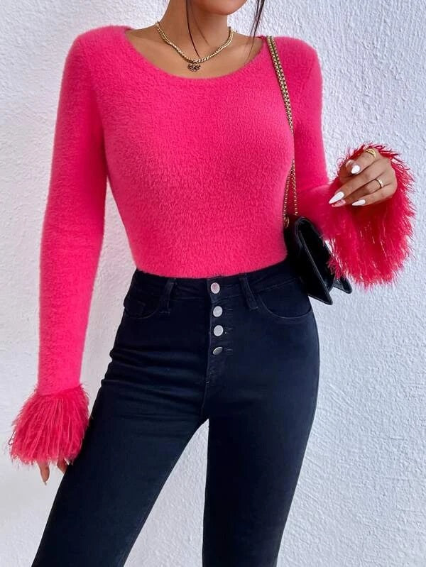 CM-CS133343 Women Elegant Seoul Style Flounce Sleeve Fluffy Knit Sweater - Hot Pink