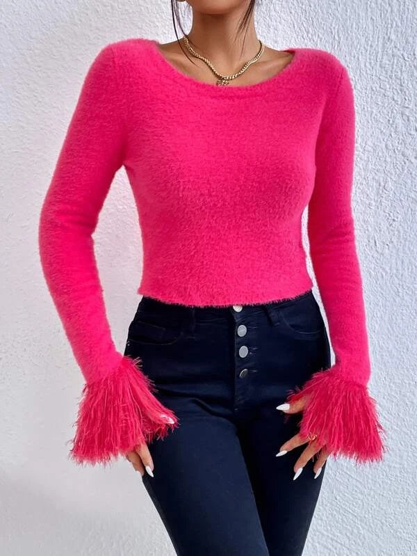 CM-CS133343 Women Elegant Seoul Style Flounce Sleeve Fluffy Knit Sweater - Hot Pink